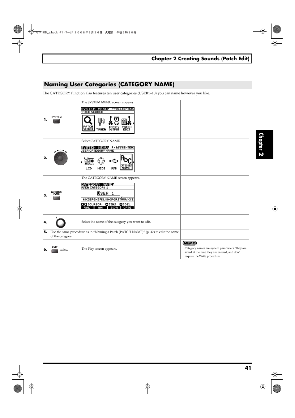 Naming user categories (category name), Chapter 2, 41 chapter 2 creating sounds (patch edit) | Boss Audio Systems GT-10B User Manual | Page 41 / 156