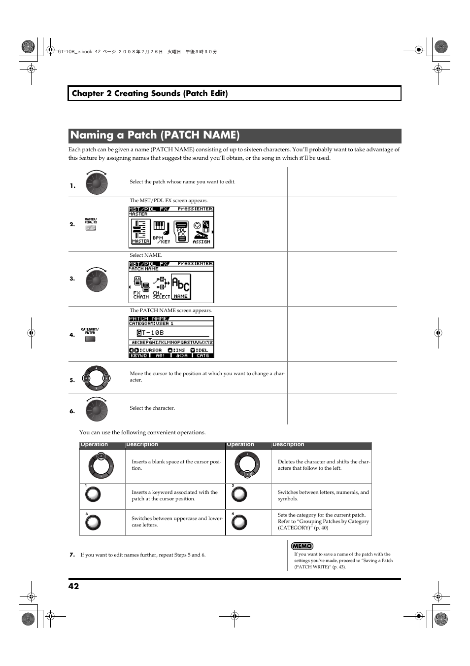 Naming a patch (patch name), 42 chapter 2 creating sounds (patch edit) | Boss Audio Systems GT-10B User Manual | Page 42 / 156