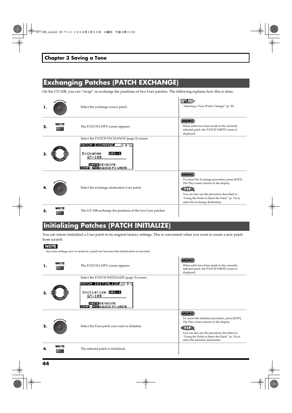 Exchanging patches (patch exchange), Initializing patches (patch initialize), 44 chapter 3 saving a tone | Boss Audio Systems GT-10B User Manual | Page 44 / 156