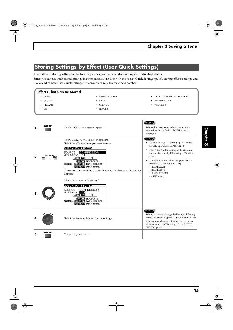 Storing settings by effect (user quick settings), Chapter 3, 45 chapter 3 saving a tone | Boss Audio Systems GT-10B User Manual | Page 45 / 156