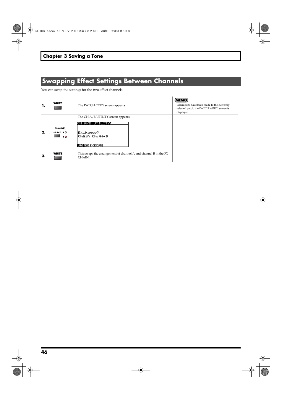 Swapping effect settings between channels, 46 chapter 3 saving a tone | Boss Audio Systems GT-10B User Manual | Page 46 / 156