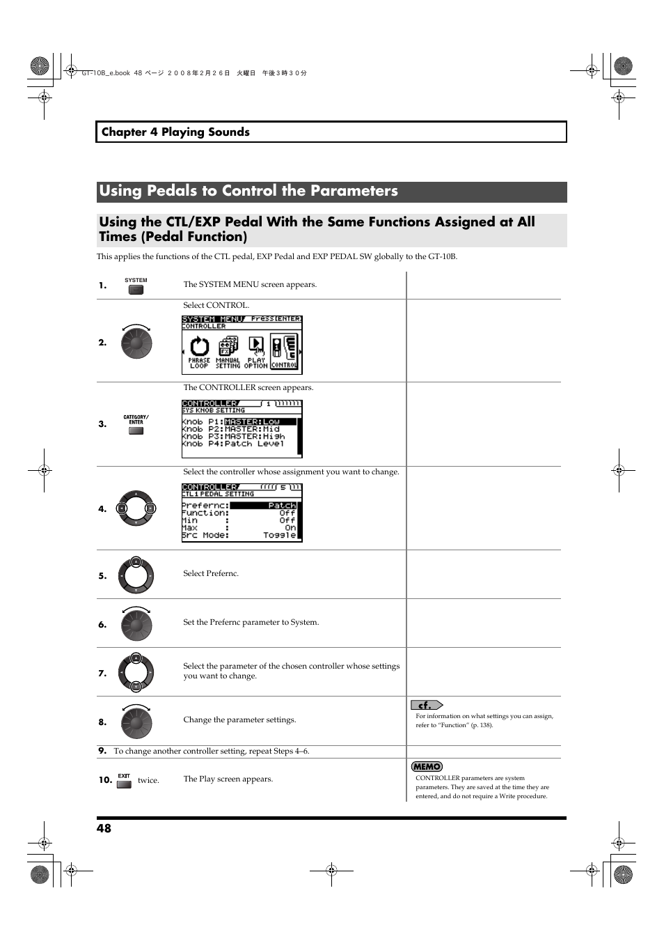 Using pedals to control the parameters, 102) or switching the tuner on or off (p. 48), Controls volume, wah, and other parameters (p. 48) | 48 chapter 4 playing sounds | Boss Audio Systems GT-10B User Manual | Page 48 / 156