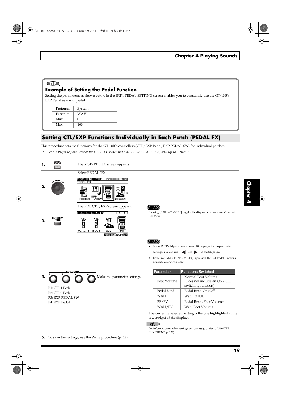 Chapter 4, 49 chapter 4 playing sounds, Example of setting the pedal function | Boss Audio Systems GT-10B User Manual | Page 49 / 156