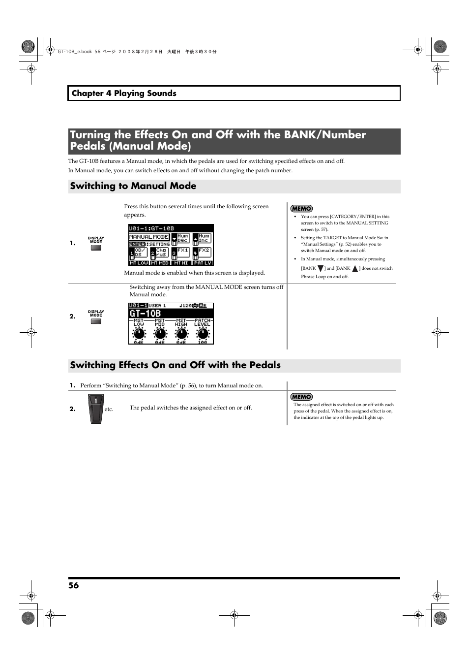 Switching to manual mode, Switching effects on and off with the pedals, Manual mode (p. 56). manual mode is en | Boss Audio Systems GT-10B User Manual | Page 56 / 156