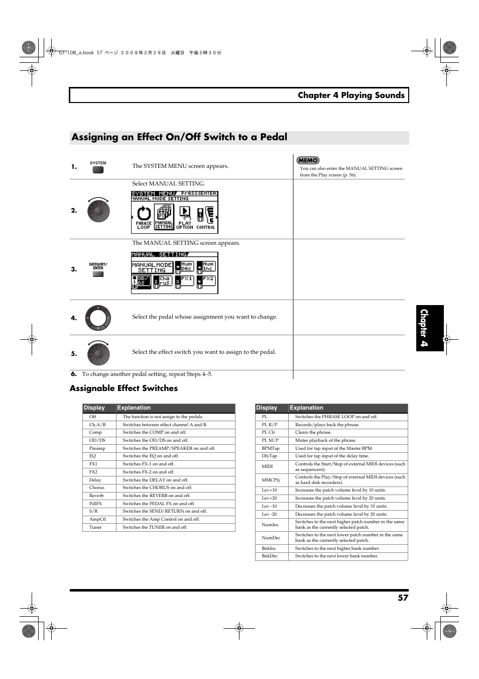 Assigning an effect on/off switch to a pedal, Chapter 4, 57 chapter 4 playing sounds | Assignable effect switches | Boss Audio Systems GT-10B User Manual | Page 57 / 156