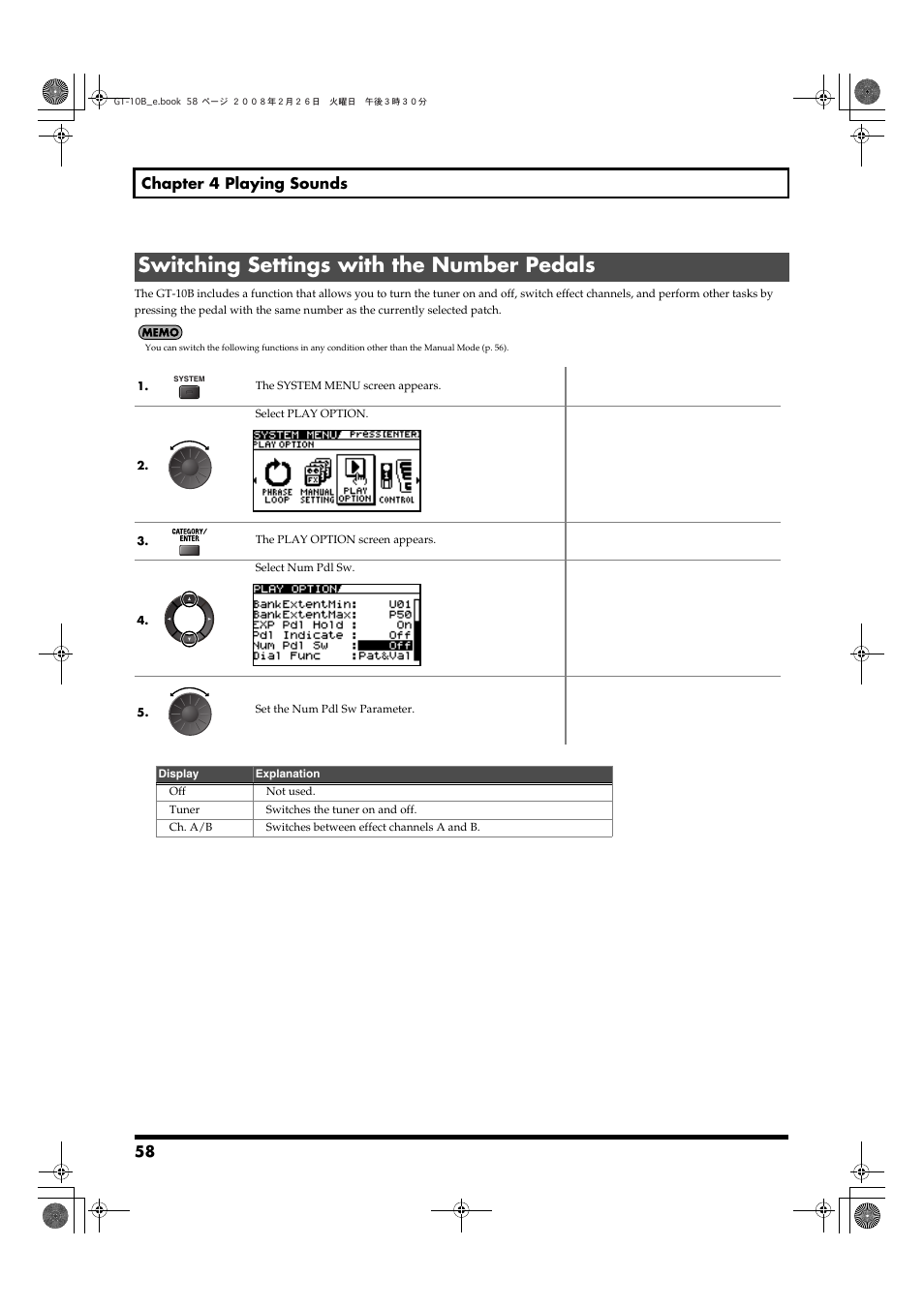 Switching settings with the number pedals, 58 chapter 4 playing sounds | Boss Audio Systems GT-10B User Manual | Page 58 / 156