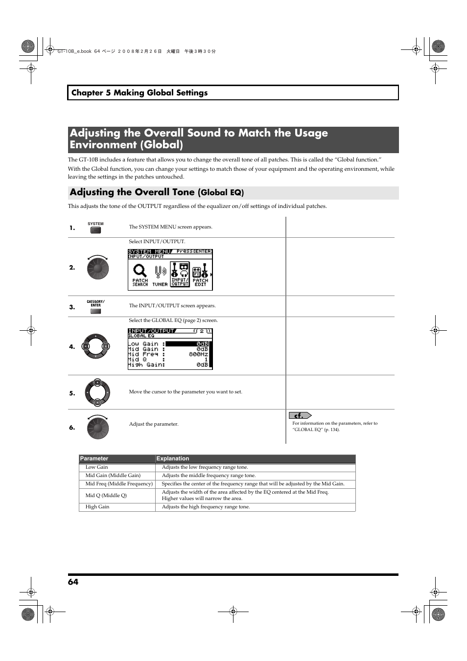 Adjusting the overall tone (global eq), Adjusting the overall tone, 64 chapter 5 making global settings | Global eq) | Boss Audio Systems GT-10B User Manual | Page 64 / 156