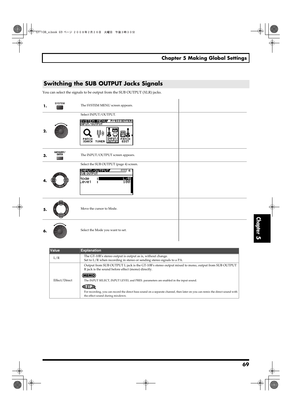 Switching the sub output jacks signals, Chapter 5, 69 chapter 5 making global settings | Boss Audio Systems GT-10B User Manual | Page 69 / 156