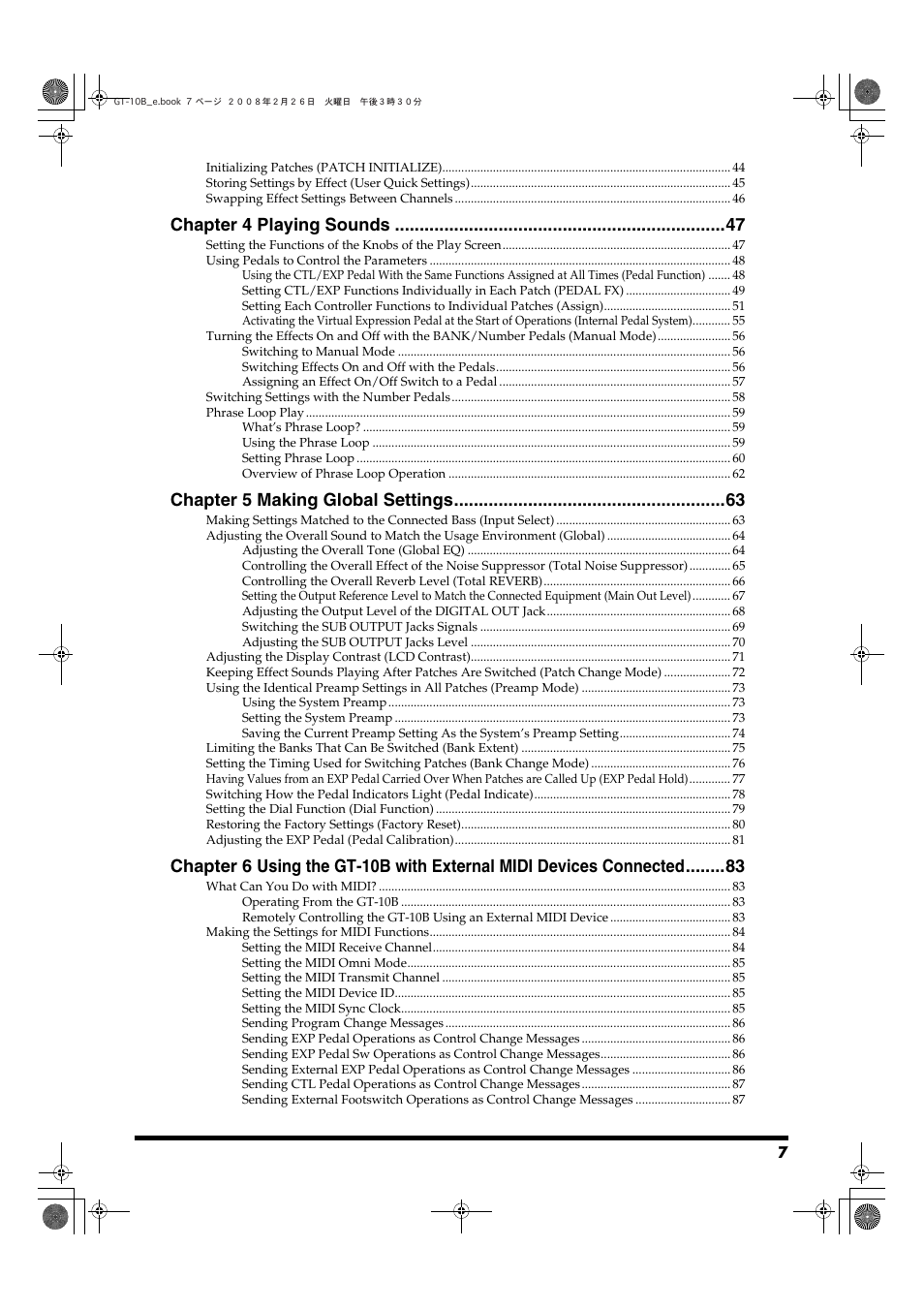 Chapter 4 playing sounds, Chapter 5 making global settings, Chapter 6 | Boss Audio Systems GT-10B User Manual | Page 7 / 156