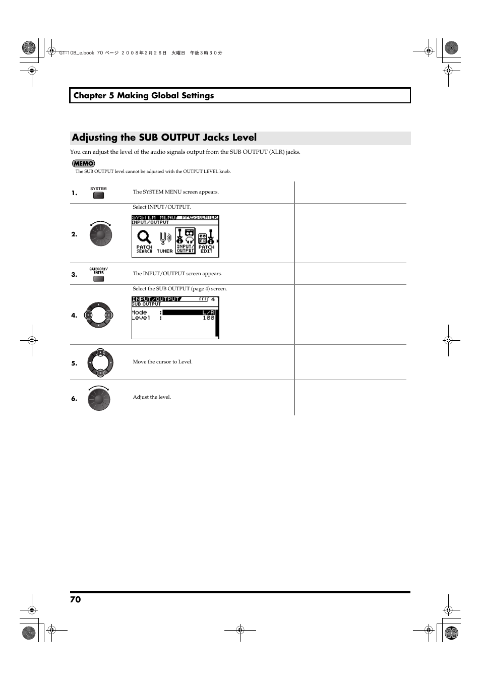 Adjusting the sub output jacks level, 70 chapter 5 making global settings | Boss Audio Systems GT-10B User Manual | Page 70 / 156