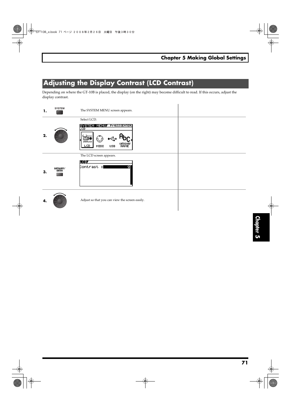 Adjusting the display contrast (lcd contrast), Chapter 5 | Boss Audio Systems GT-10B User Manual | Page 71 / 156