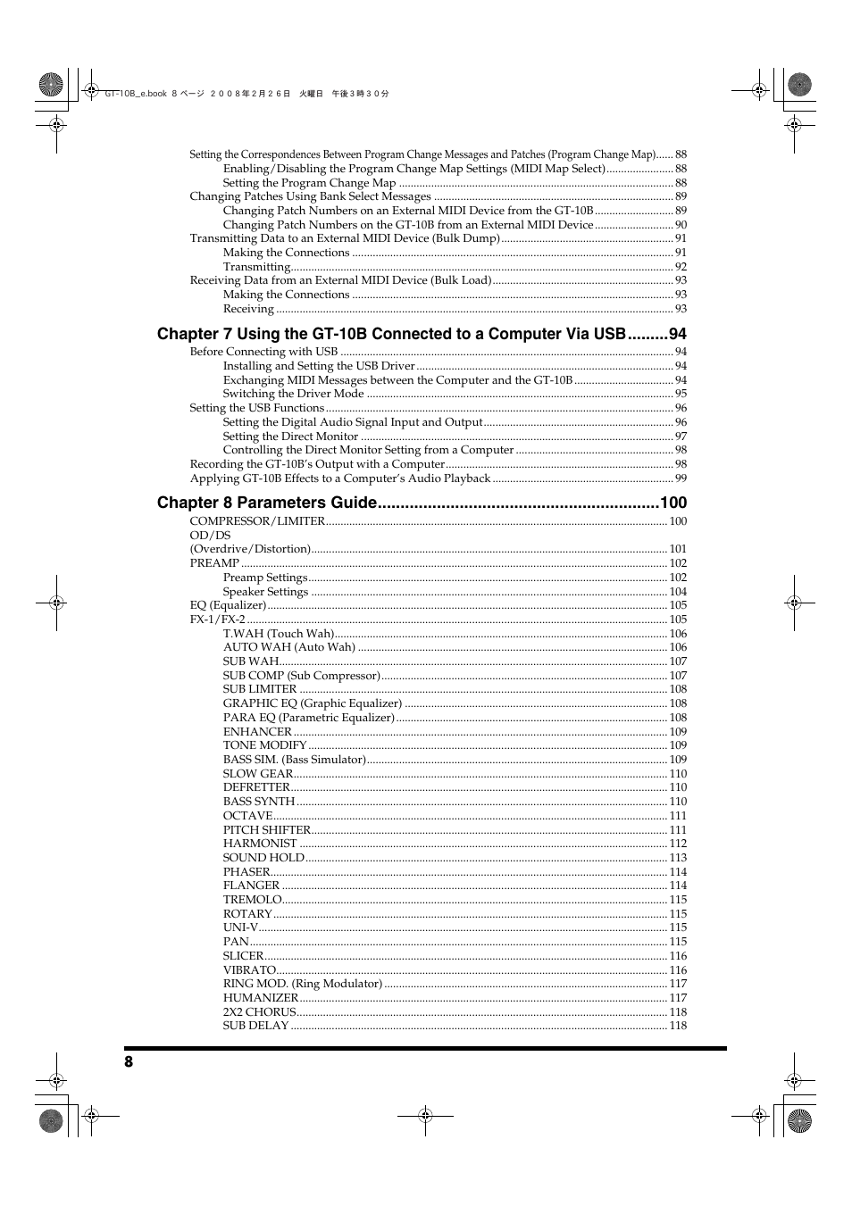 Chapter 7, Using the gt-10b connected to a computer via usb, Chapter 8 parameters guide | Boss Audio Systems GT-10B User Manual | Page 8 / 156