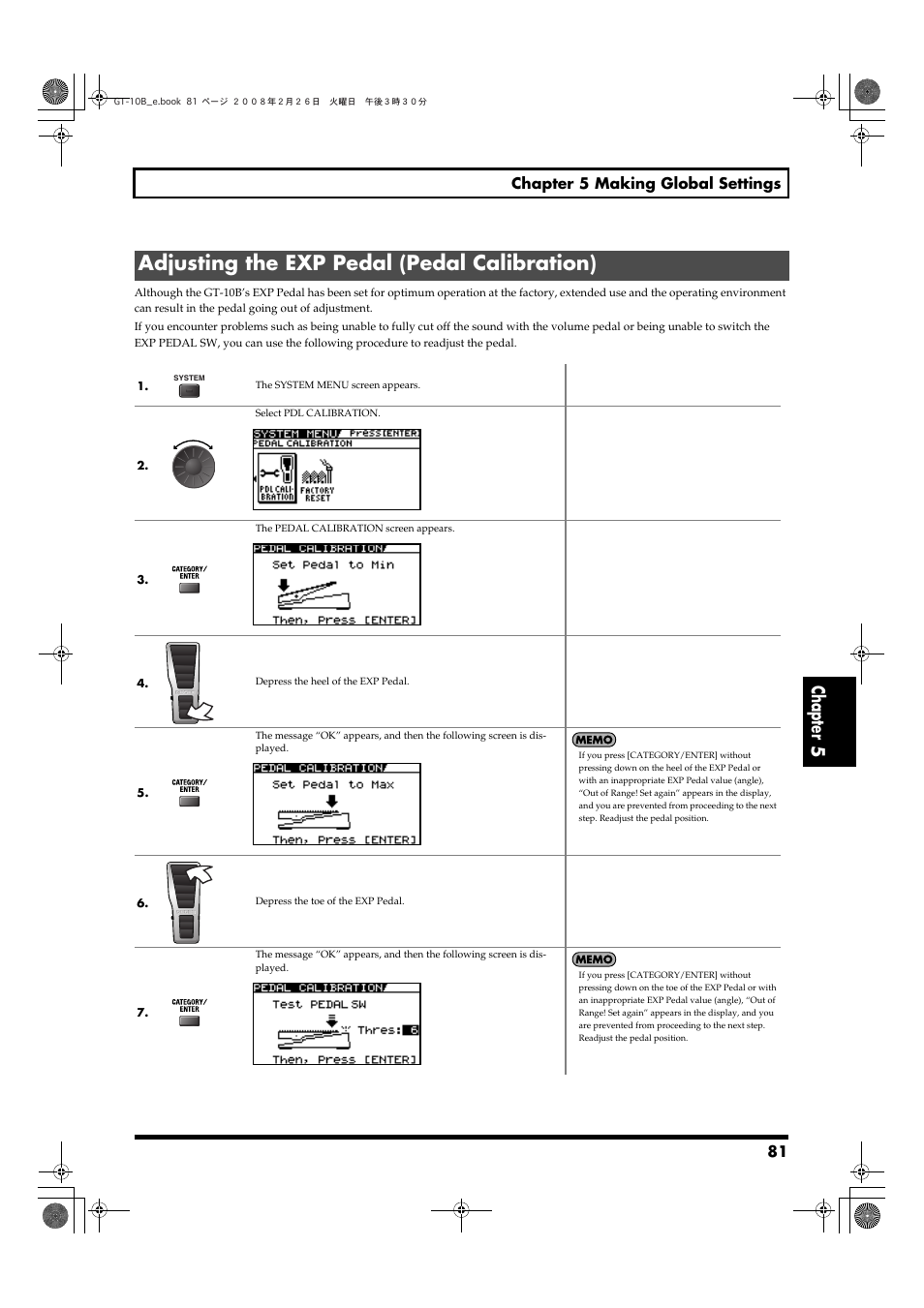 Adjusting the exp pedal (pedal calibration), Chapter 5 | Boss Audio Systems GT-10B User Manual | Page 81 / 156