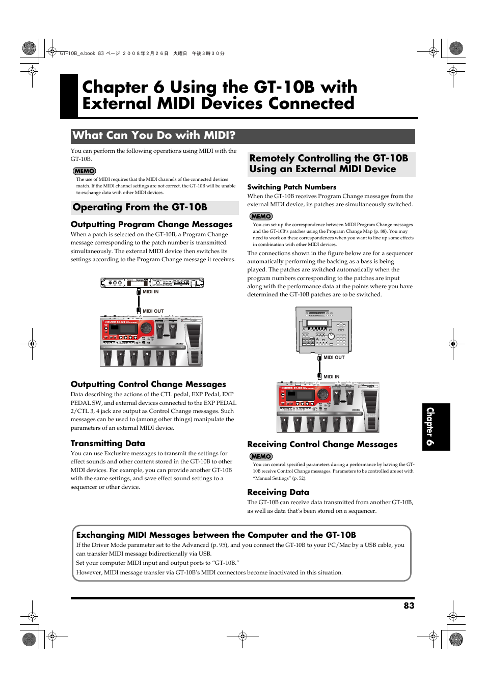 What can you do with midi, Operating from the gt-10b, Chapter 6 | Transmit and receive midi messages (p. 83) | Boss Audio Systems GT-10B User Manual | Page 83 / 156