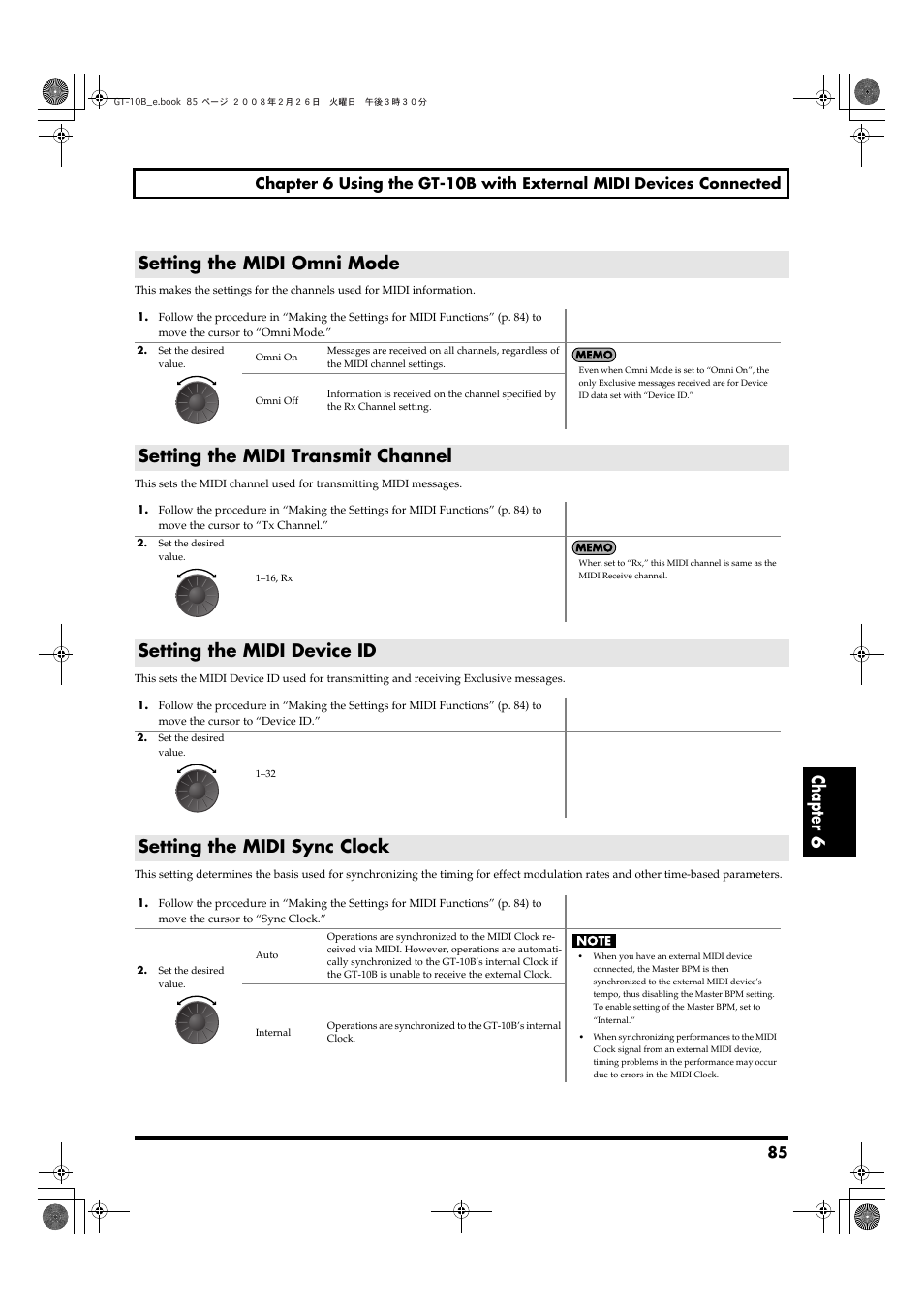 Setting the midi omni mode, Setting the midi transmit channel, Setting the midi device id | Setting the midi sync clock, Chapter 6 | Boss Audio Systems GT-10B User Manual | Page 85 / 156