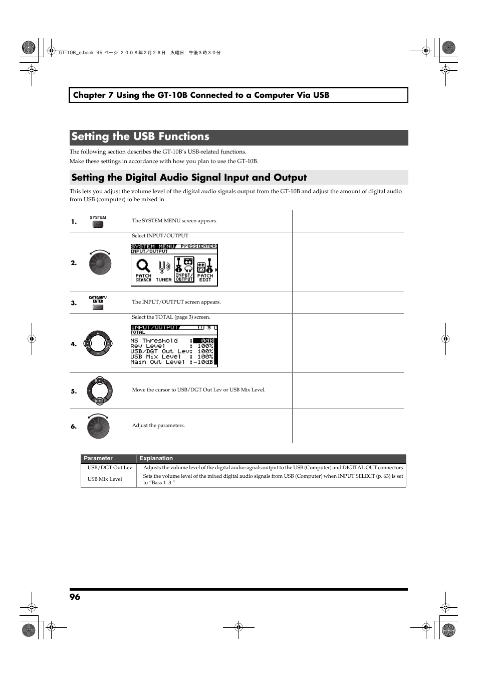 Setting the usb functions, Setting the digital audio signal input and output | Boss Audio Systems GT-10B User Manual | Page 96 / 156