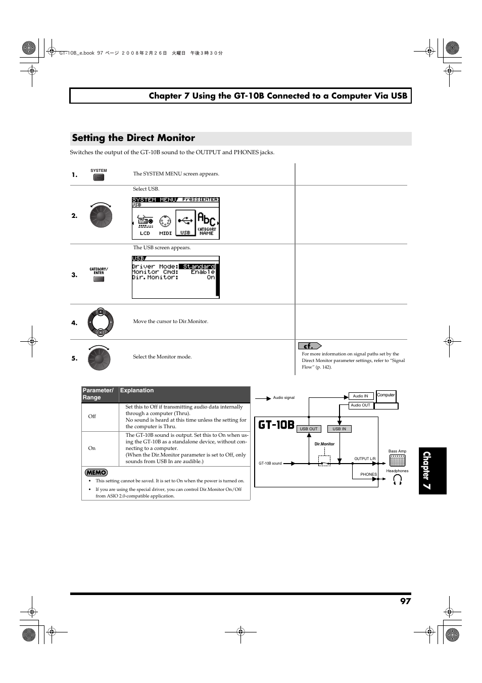 Setting the direct monitor, Chapter 7 | Boss Audio Systems GT-10B User Manual | Page 97 / 156