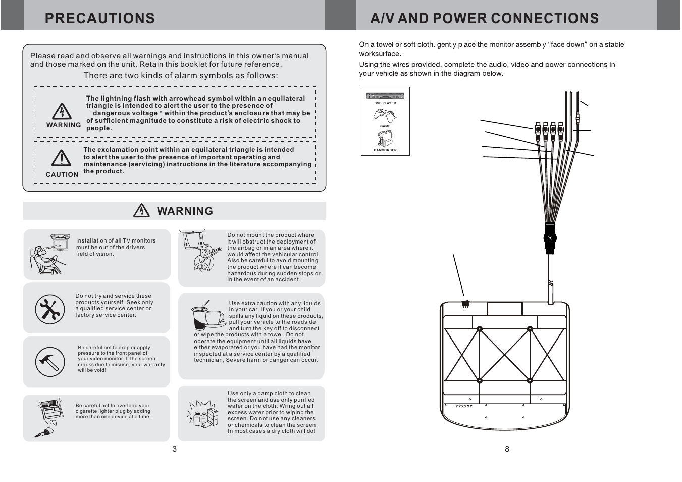 A/v and power connections precautions, Warning | Boss Audio Systems BV9F User Manual | Page 4 / 6