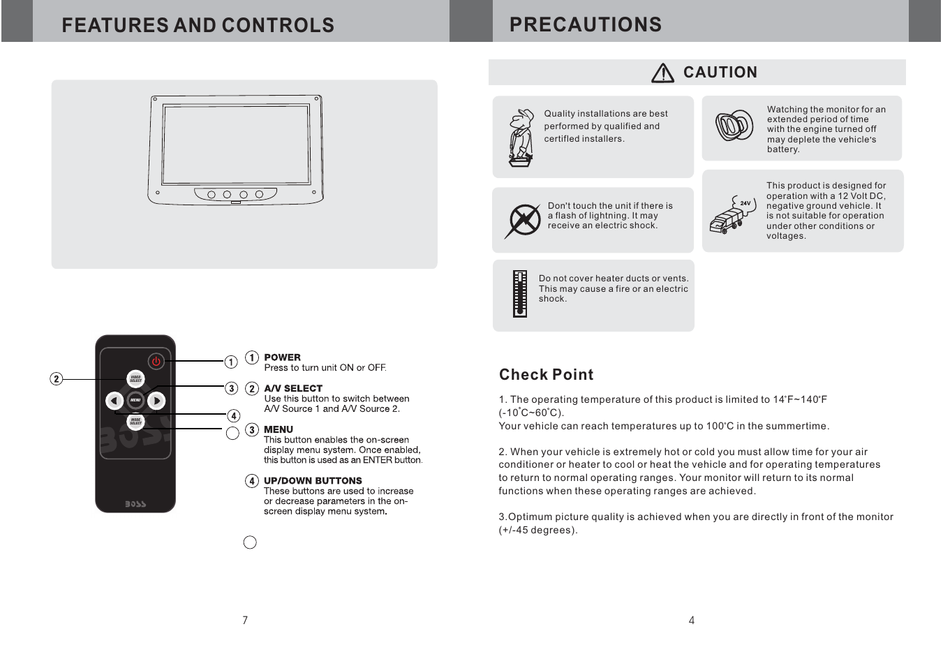 Features and controls precautions, Caution check point | Boss Audio Systems BV9F User Manual | Page 5 / 6