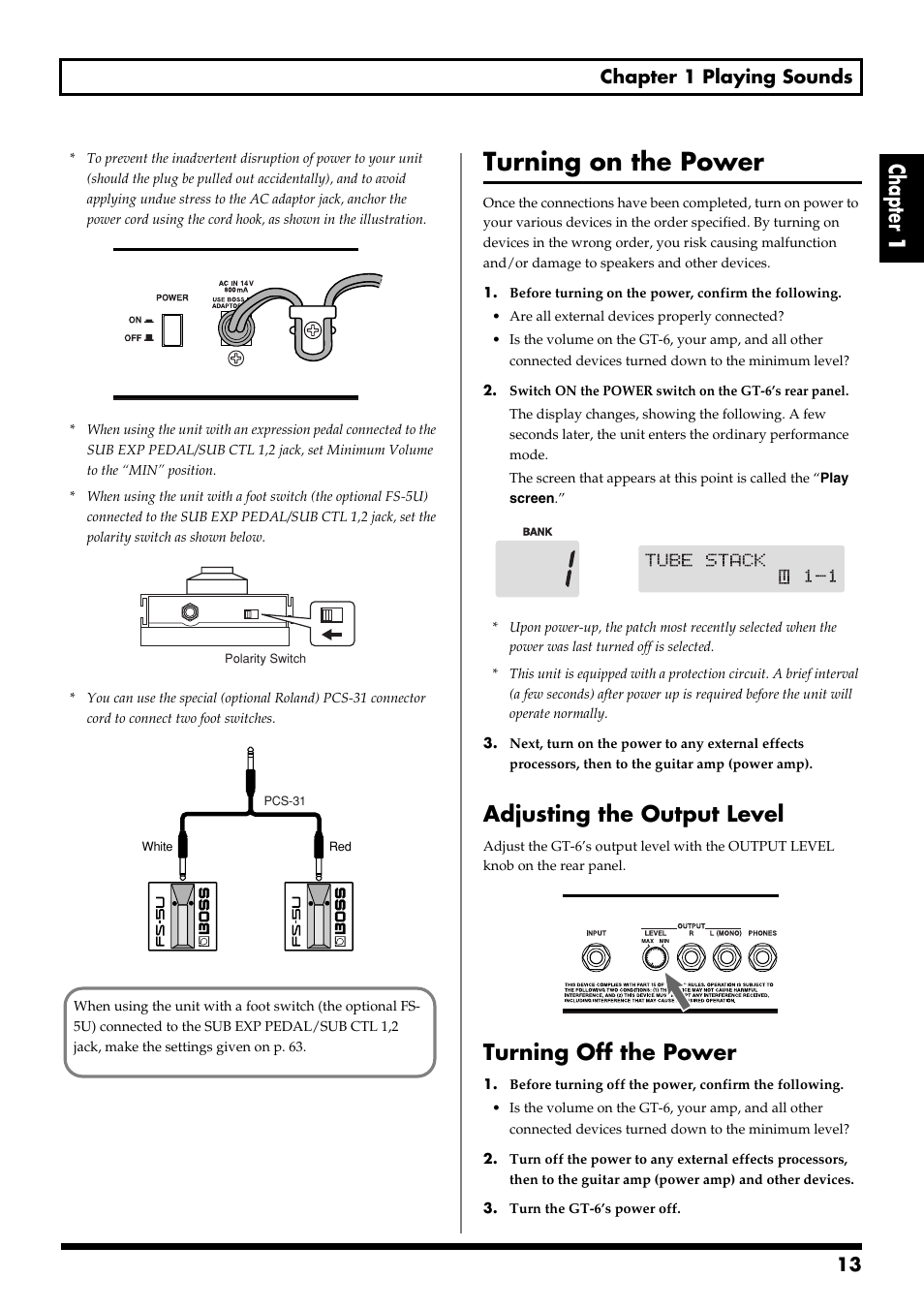 Turning on the power, Adjusting the output level, Turning off the power | Adjusting the output level turning off the power, Chapter 1, 13 chapter 1 playing sounds | Boss Audio Systems GT-6 User Manual | Page 13 / 84