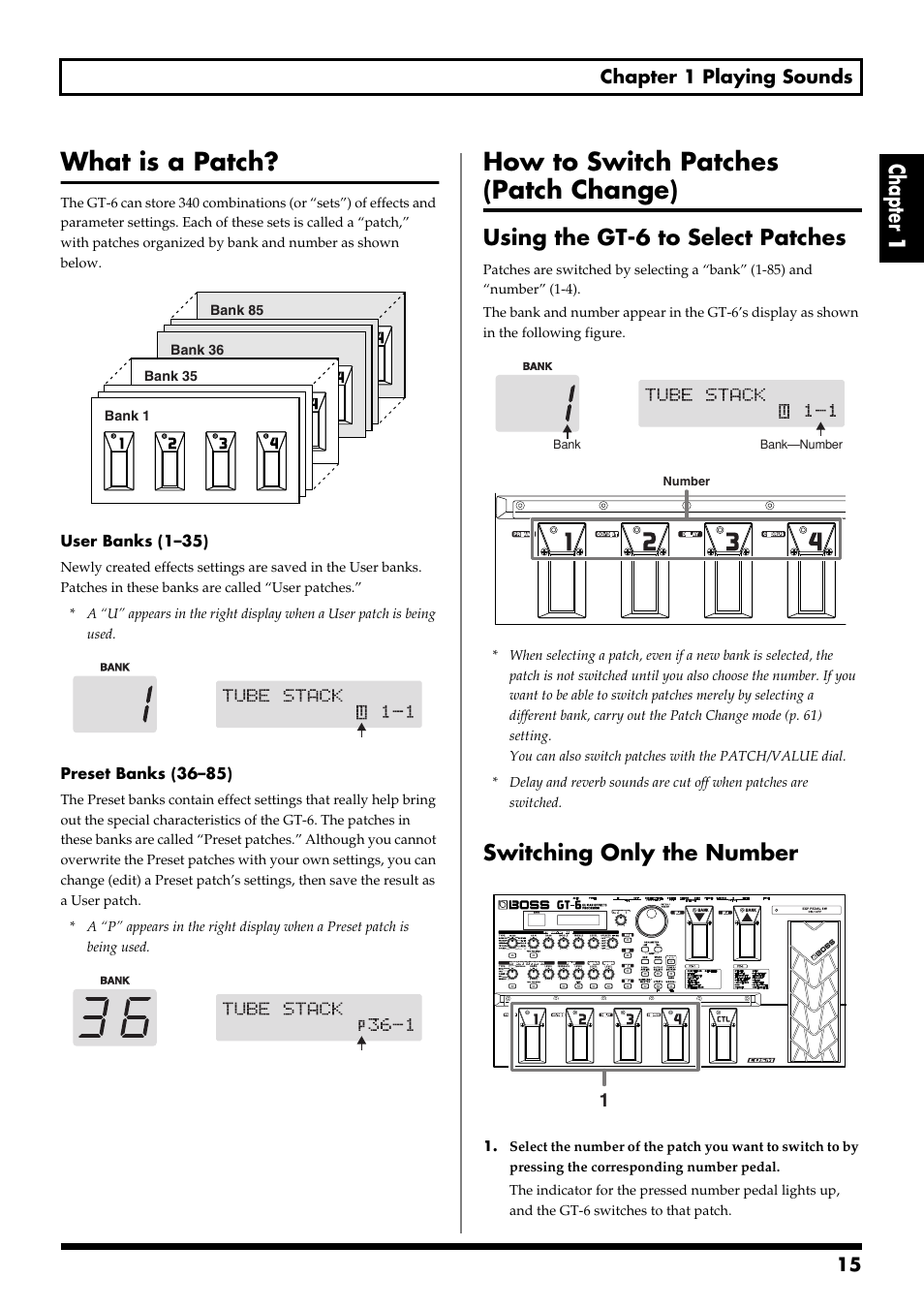 What is a patch, How to switch patches (patch change), Using the gt-6 to select patches | Switching only the number, Chapter 1, 15 chapter 1 playing sounds | Boss Audio Systems GT-6 User Manual | Page 15 / 84