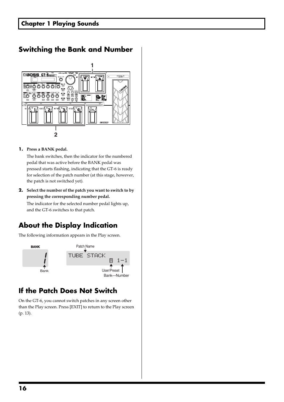 Switching the bank and number, About the display indication, If the patch does not switch | 16 chapter 1 playing sounds | Boss Audio Systems GT-6 User Manual | Page 16 / 84