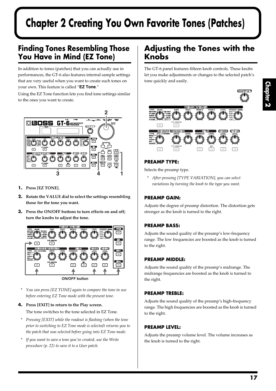 Adjusting the tones with the knobs, Chapter 2, Creating you own favorite tones(patches) | Boss Audio Systems GT-6 User Manual | Page 17 / 84