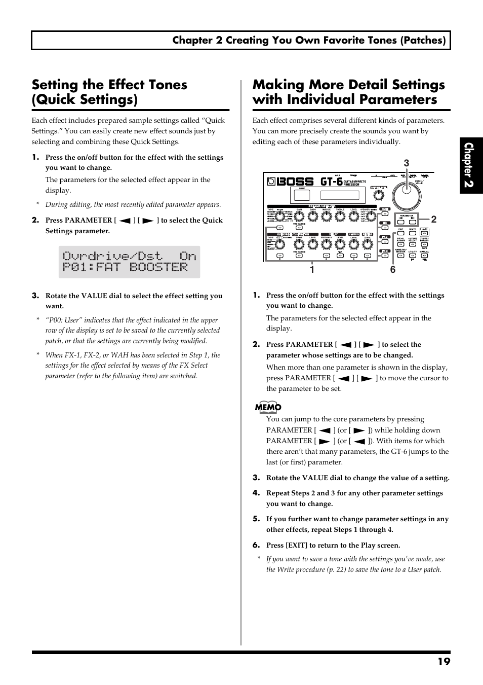 Setting the effect tones (quick settings), Chapter 2 | Boss Audio Systems GT-6 User Manual | Page 19 / 84