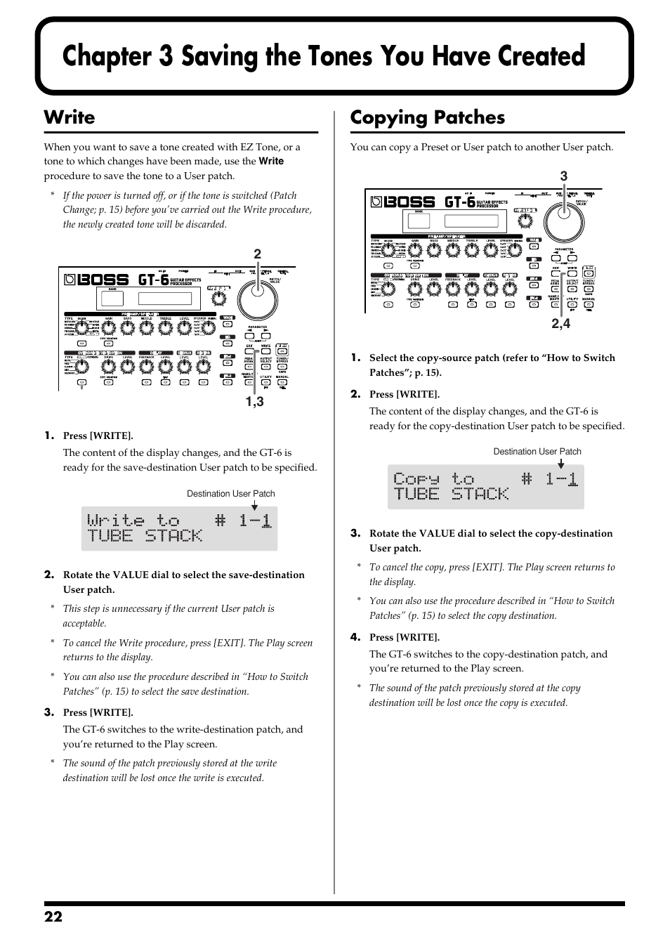 Chapter 3 saving the tones you have created, Write, Copying patches | Chapter 3, Saving the tones you have created, Write copying patches | Boss Audio Systems GT-6 User Manual | Page 22 / 84