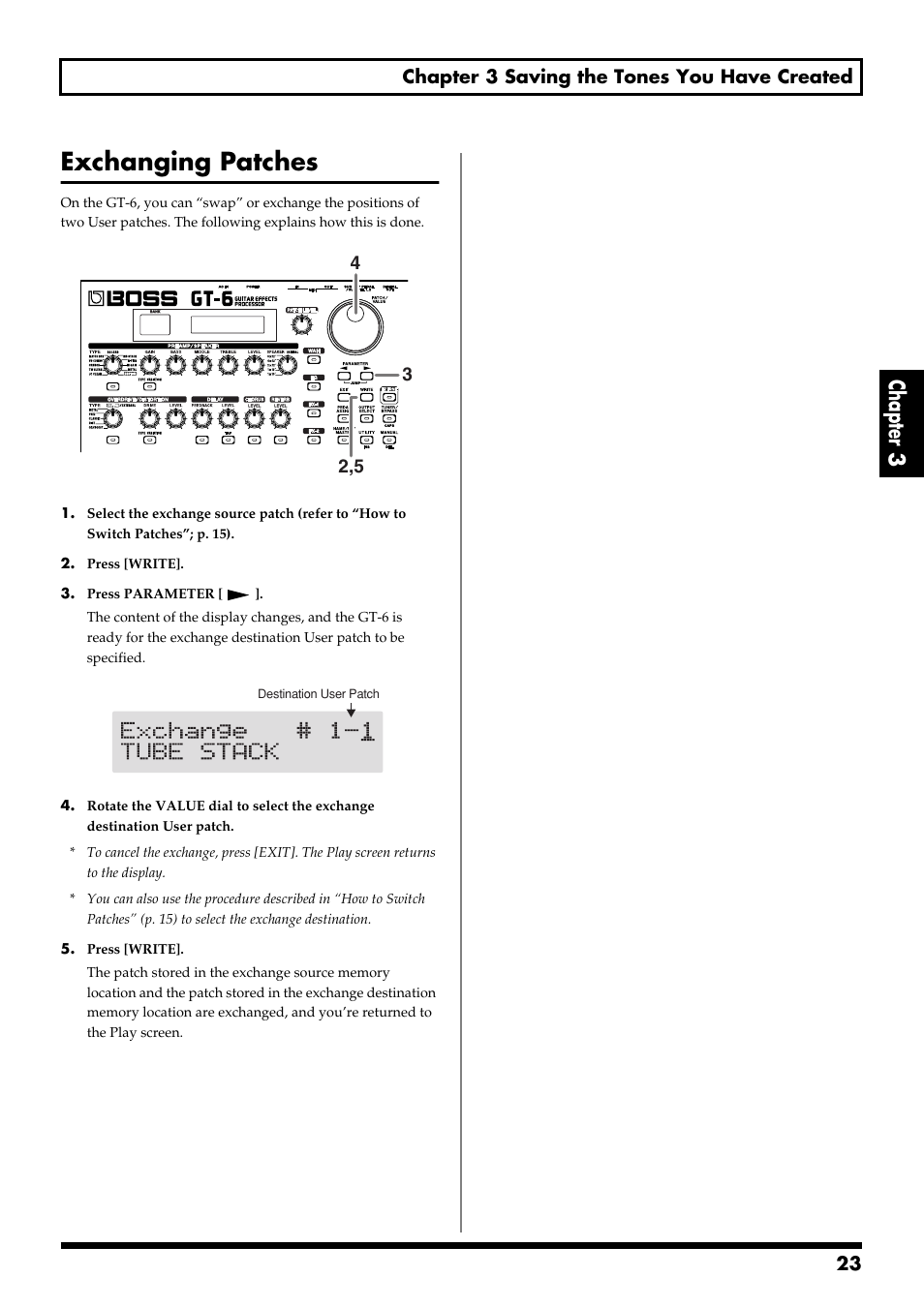 Exchanging patches, Chapter 3, 23 chapter 3 saving the tones you have created | Boss Audio Systems GT-6 User Manual | Page 23 / 84