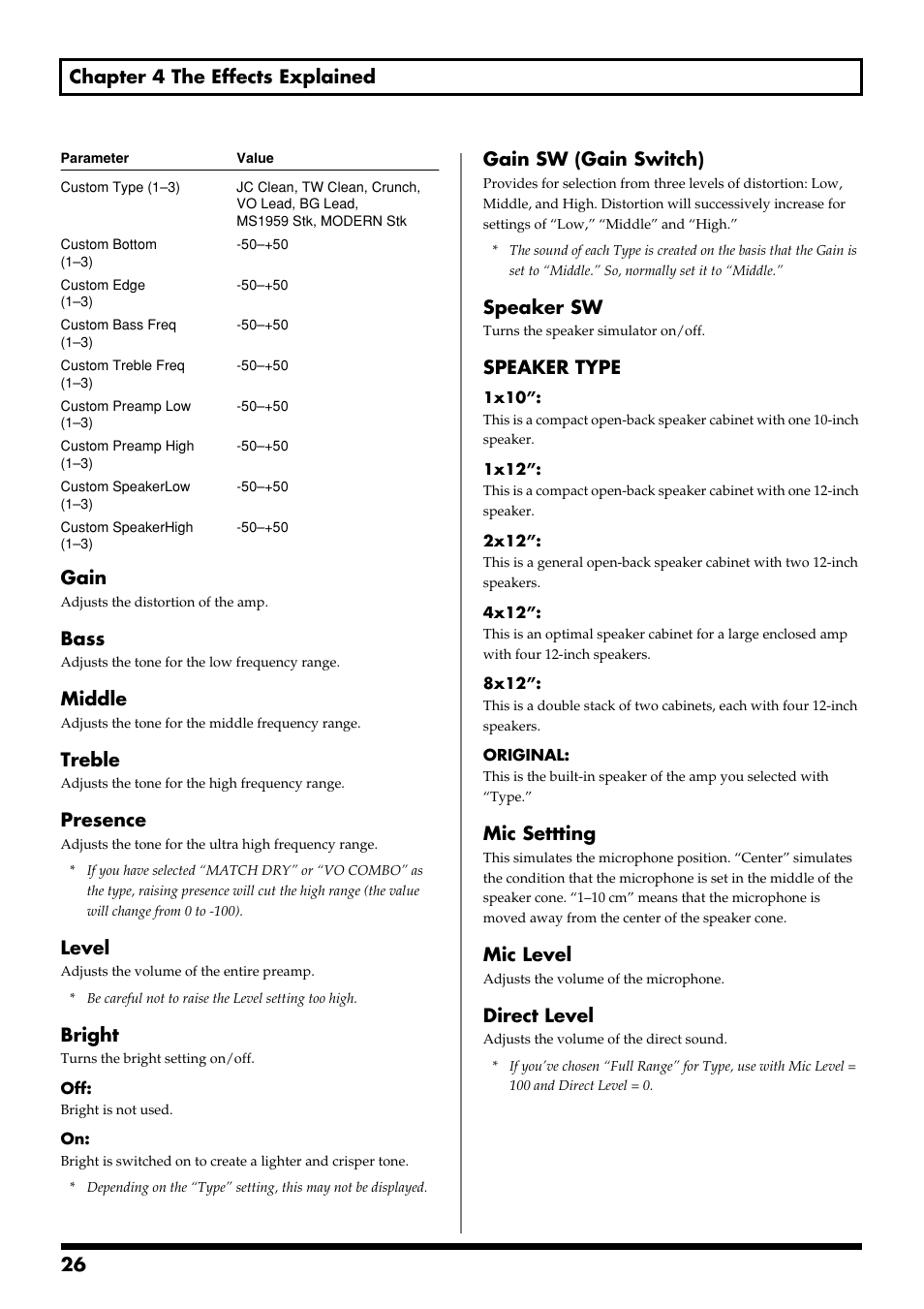 26 chapter 4 the effects explained, Gain, Bass | Middle, Treble, Presence, Level, Bright, Gain sw (gain switch), Speaker sw | Boss Audio Systems GT-6 User Manual | Page 26 / 84