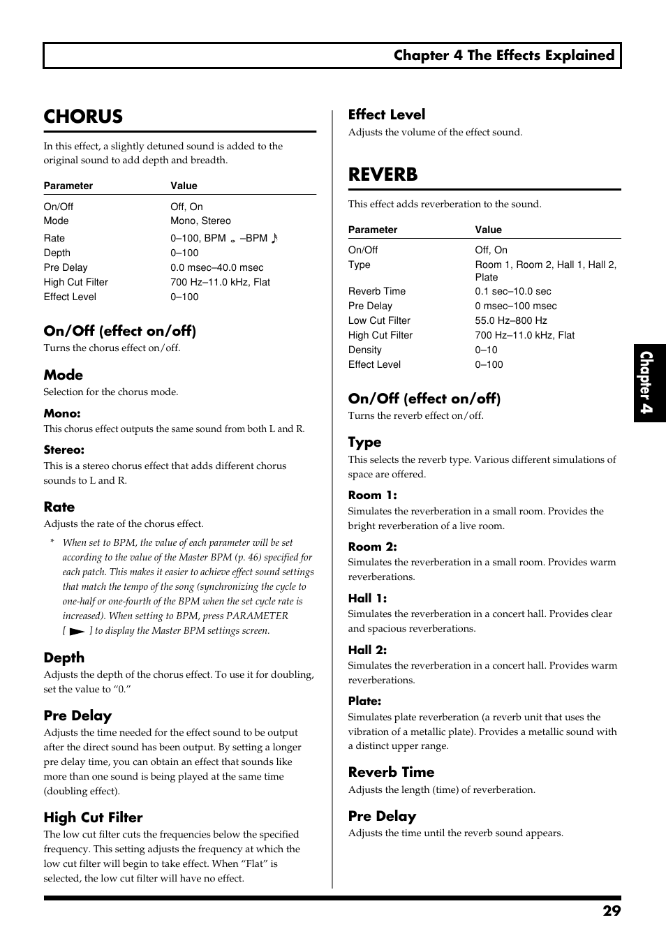 Chorus, Reverb, Chorus reverb | Chorus (p. 29), Reverb (p. 29), Chapter 4, 29 chapter 4 the effects explained, On/off (effect on/off), Mode, Rate | Boss Audio Systems GT-6 User Manual | Page 29 / 84