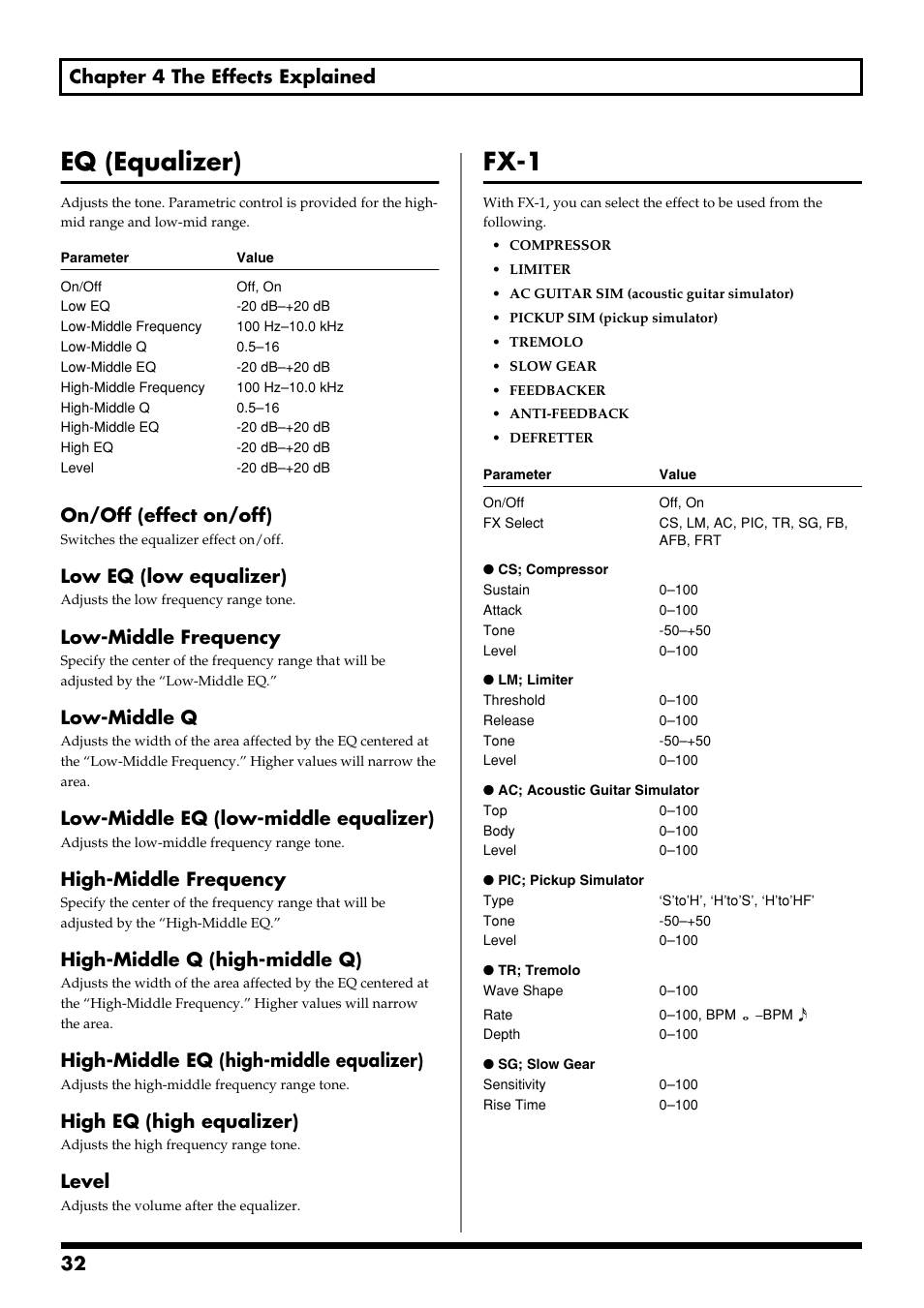 Eq (equalizer), Fx-1, Eq (equalizer) fx-1 | Eq (equalizer) (p. 32), Fx-1 (p. 32), 32 chapter 4 the effects explained, On/off (effect on/off), Low eq (low equalizer), Low-middle frequency, Low-middle q | Boss Audio Systems GT-6 User Manual | Page 32 / 84