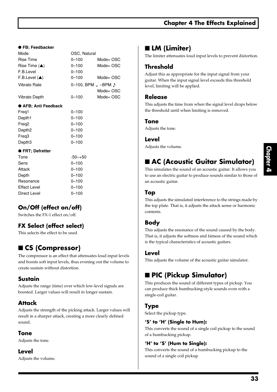 Cs (compressor), Lm (limiter), Ac (acoustic guitar simulator) | Pic (pickup simulator), Chapter 4, 33 chapter 4 the effects explained, On/off (effect on/off), Fx select (effect select), Sustain, Attack | Boss Audio Systems GT-6 User Manual | Page 33 / 84