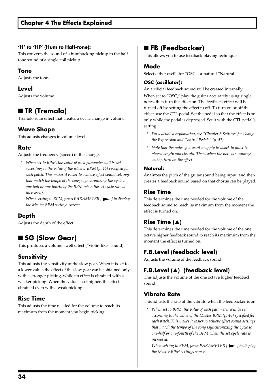 Tr (tremolo), Sg (slow gear), Fb (feedbacker) | Tr (tremolo) sg (slow gear) fb (feedbacker) | Boss Audio Systems GT-6 User Manual | Page 34 / 84