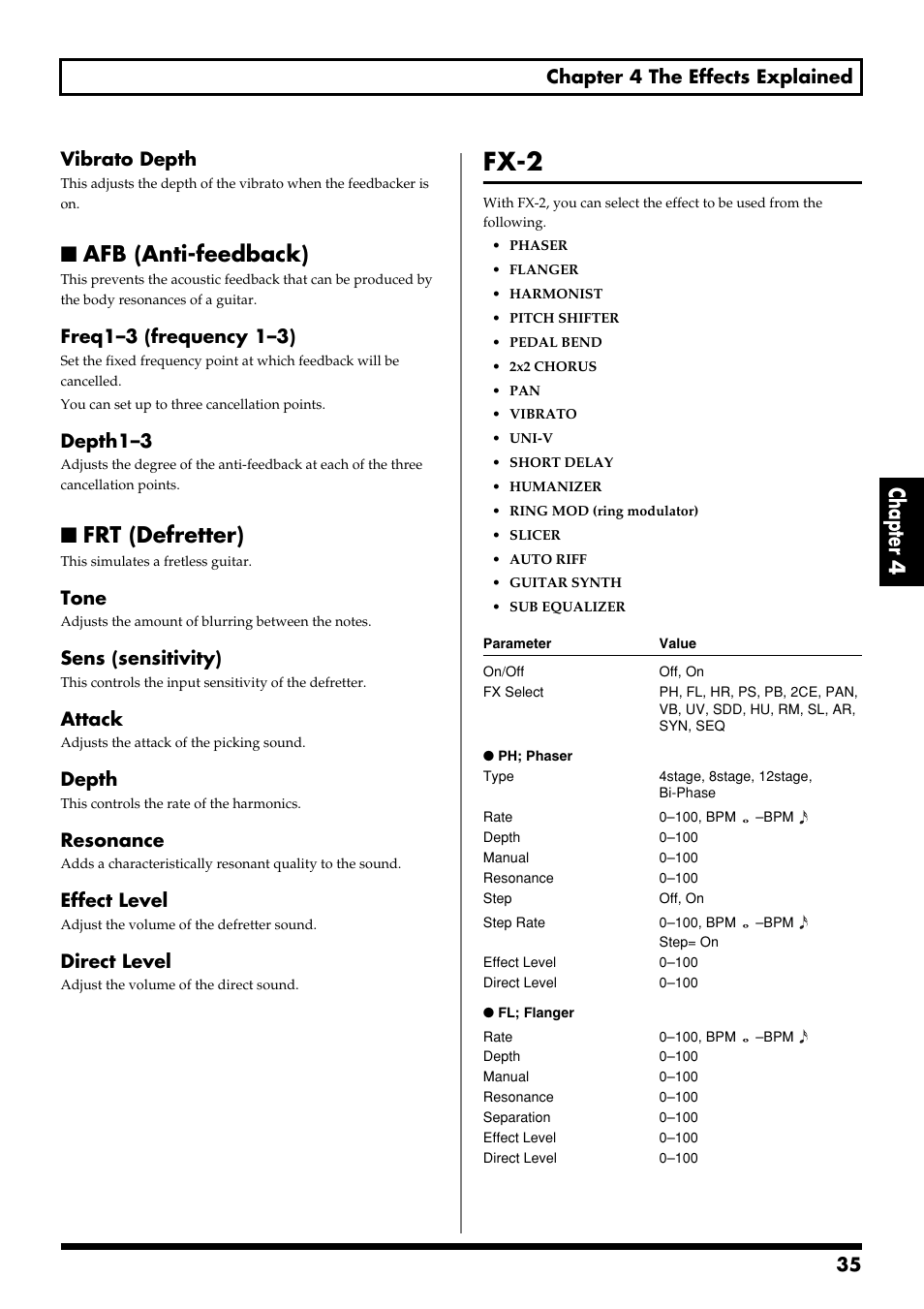 Afb (anti-feedback), Frt (defretter), Fx-2 | Afb (anti-feedback) frt (defretter), Fx-2 (p. 35), Chapter 4, 35 chapter 4 the effects explained, Vibrato depth, Freq1–3 (frequency 1–3), Depth1–3 | Boss Audio Systems GT-6 User Manual | Page 35 / 84