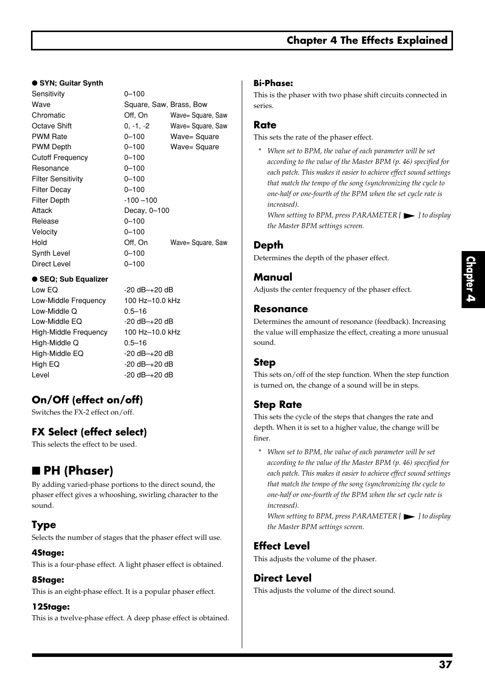 Ph (phaser), Chapter 4, 37 chapter 4 the effects explained | On/off (effect on/off), Fx select (effect select), Type, Rate, Depth, Manual, Resonance | Boss Audio Systems GT-6 User Manual | Page 37 / 84