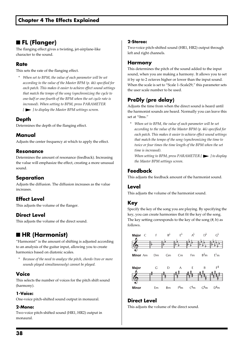 Fl (flanger), Hr (harmonist), Fl (flanger) hr (harmonist) | Boss Audio Systems GT-6 User Manual | Page 38 / 84