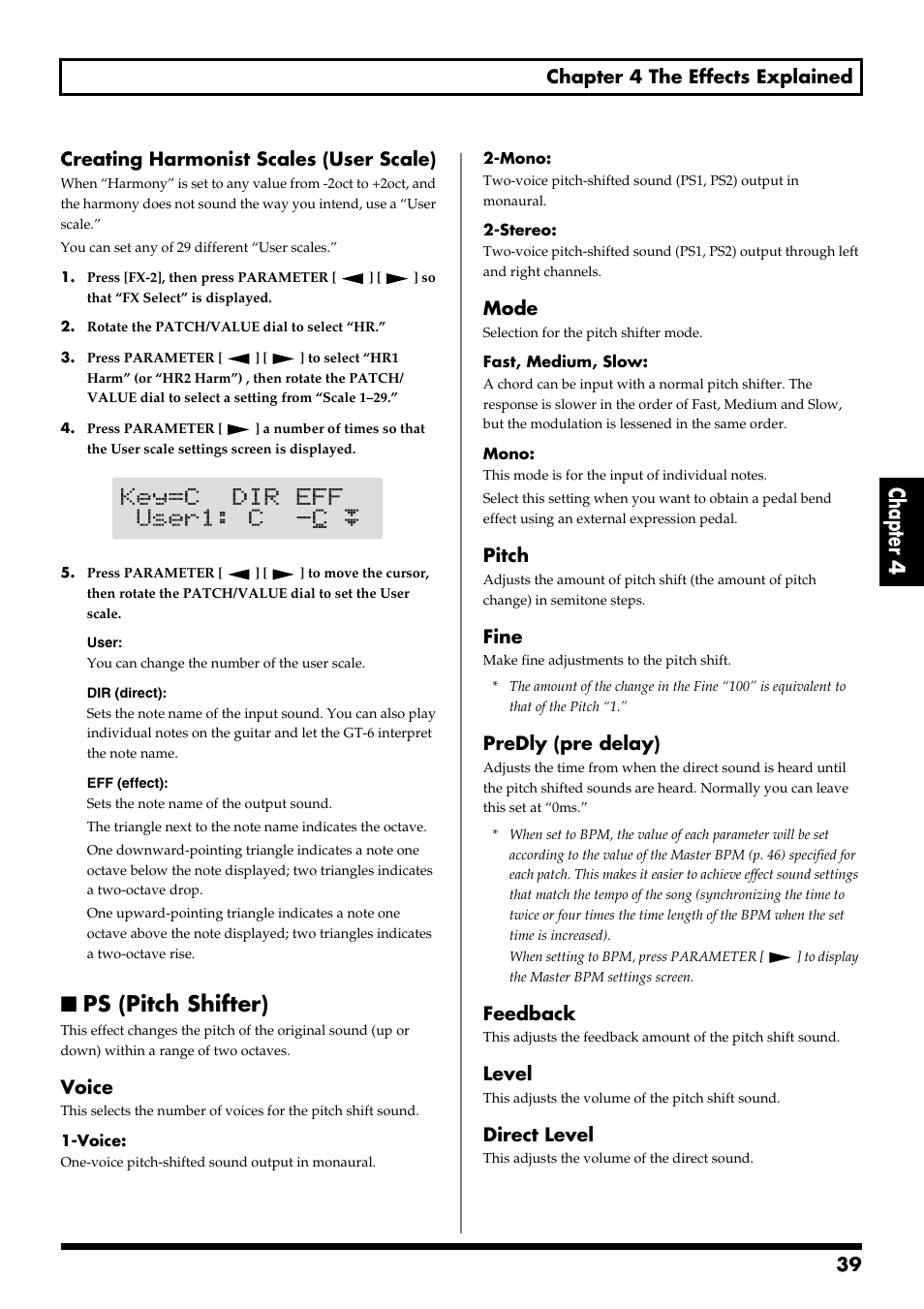 Ps (pitch shifter), Chapter 4, 39 chapter 4 the effects explained | Creating harmonist scales (user scale), Voice, Mode, Pitch, Fine, Predly (pre delay), Feedback | Boss Audio Systems GT-6 User Manual | Page 39 / 84