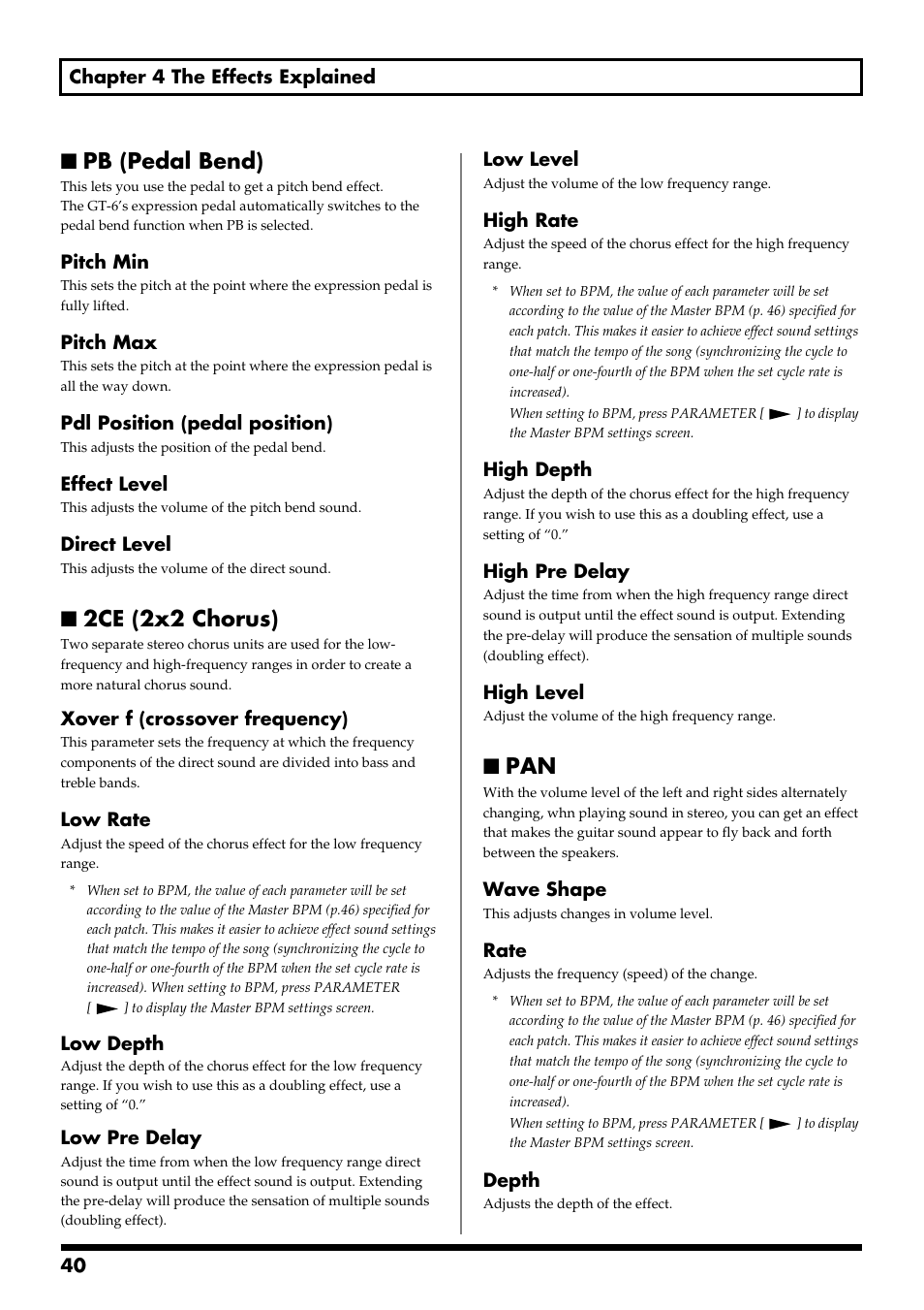 Pb (pedal bend), 2ce (2x2 chorus), Pb (pedal bend) 2ce (2x2 chorus) pan | Boss Audio Systems GT-6 User Manual | Page 40 / 84