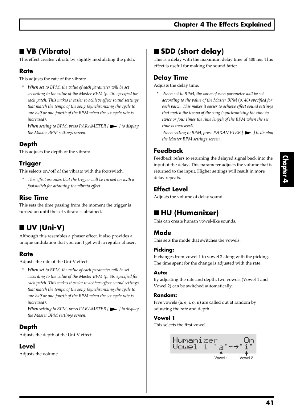 Vb (vibrato), Uv (uni-v), Sdd (short delay) | Hu (humanizer), Chapter 4 ■ vb (vibrato) | Boss Audio Systems GT-6 User Manual | Page 41 / 84