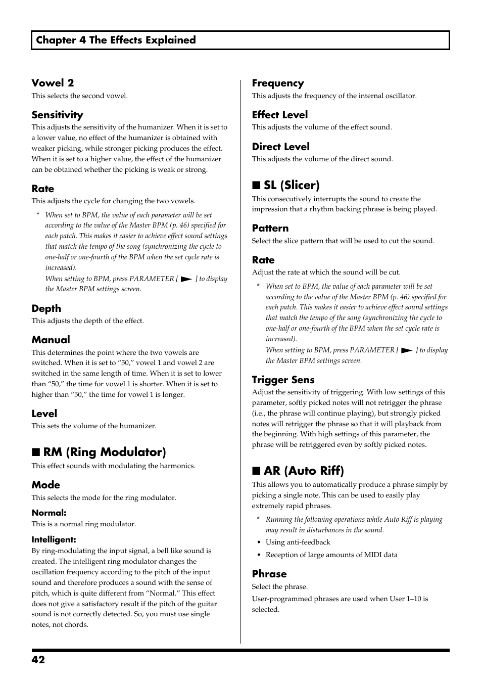 Rm (ring modulator), Sl (slicer), Ar (auto riff) | Rm (ring modulator) sl (slicer) ar (auto riff) | Boss Audio Systems GT-6 User Manual | Page 42 / 84