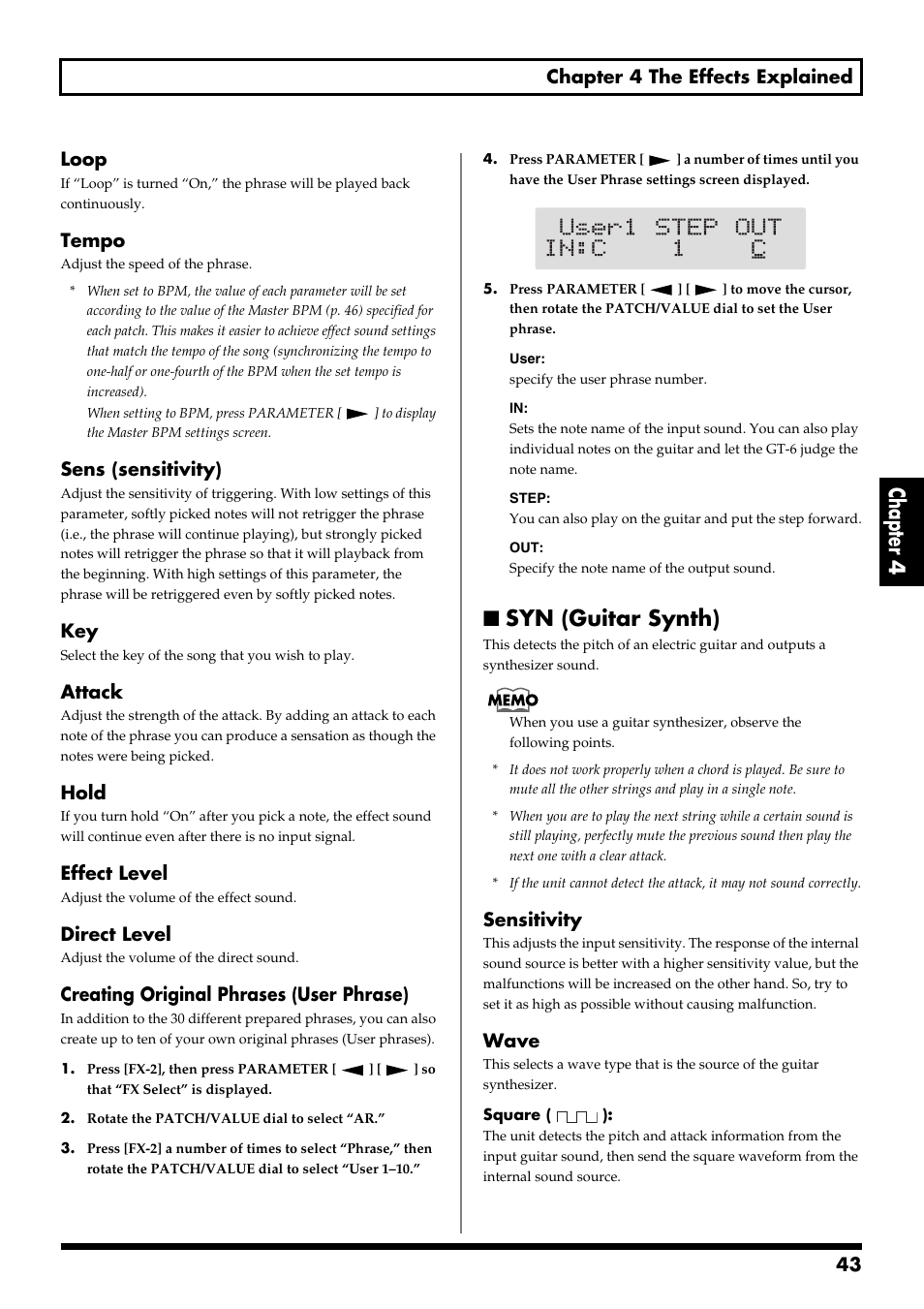 Syn (guitar synth), Chapter 4, 43 chapter 4 the effects explained | Loop, Tempo, Sens (sensitivity), Attack, Hold, Effect level, Direct level | Boss Audio Systems GT-6 User Manual | Page 43 / 84