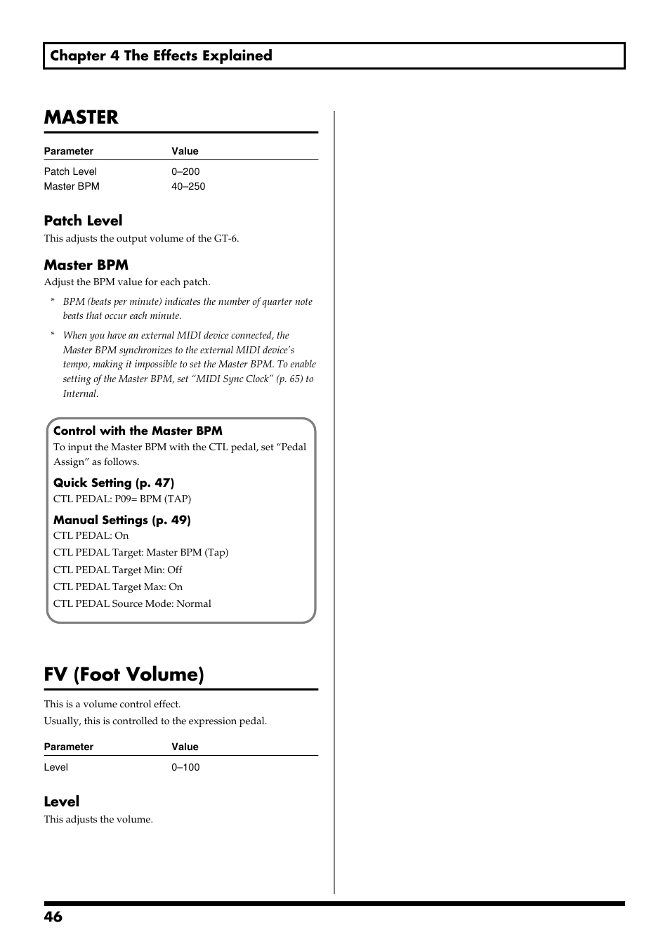 Master, Fv (foot volume), Master fv (foot volume) | 46 chapter 4 the effects explained, Patch level, Master bpm, Level | Boss Audio Systems GT-6 User Manual | Page 46 / 84