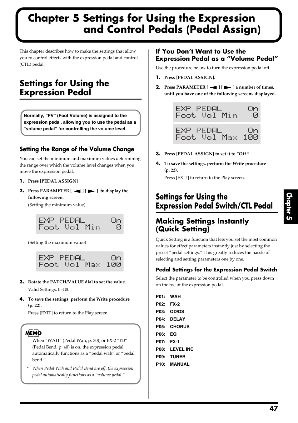 Settings for using the expression pedal, Making settings instantly (quick setting), Chapter 5 settings for using the expression | And control pedals (pedal assign), Making settings instantly(quick setting), Chapter 5, Setting the range of the volume change | Boss Audio Systems GT-6 User Manual | Page 47 / 84