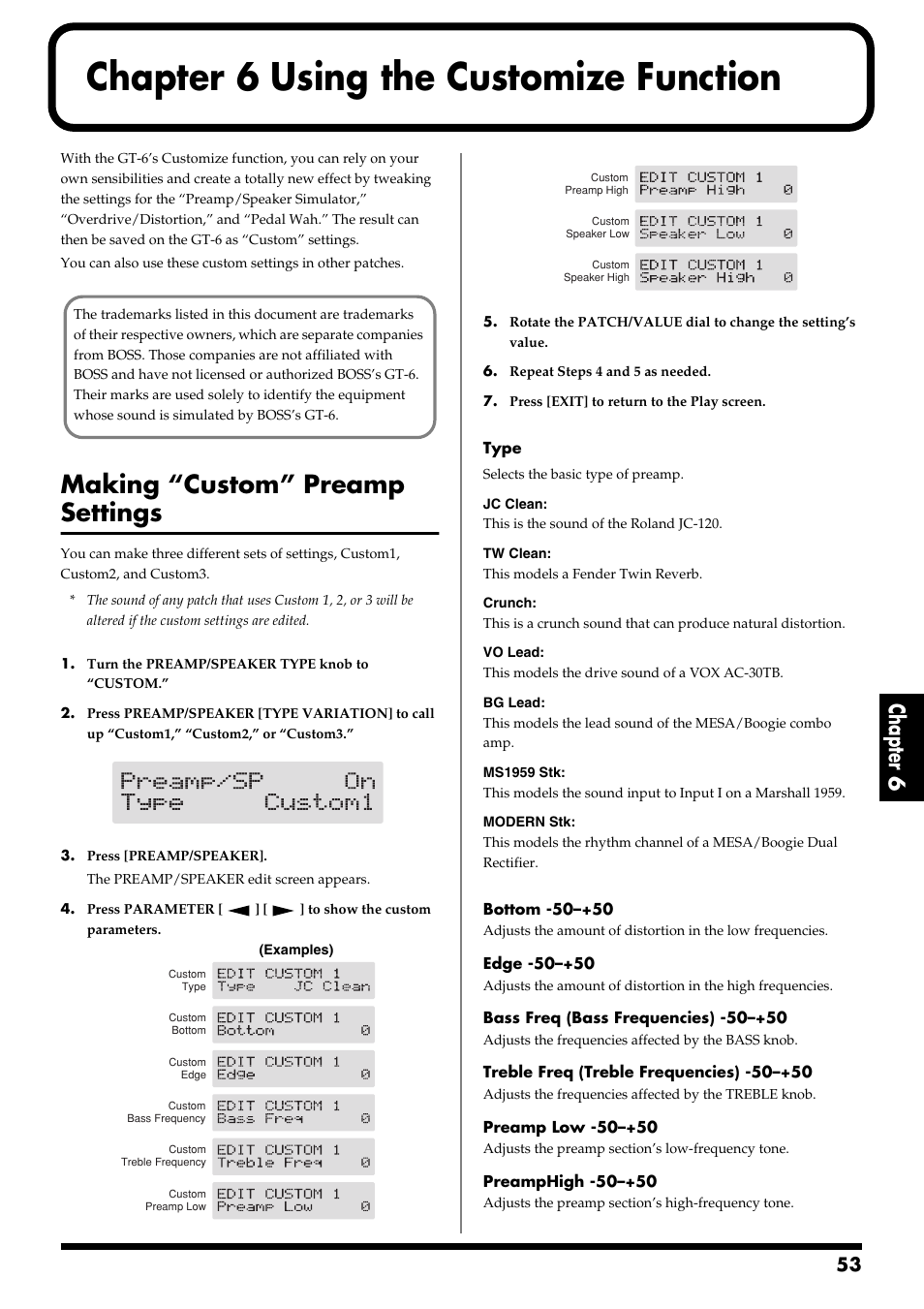 Chapter 6 using the customize function, Making “custom” preamp settings, Chapter 6 | Using the customize function | Boss Audio Systems GT-6 User Manual | Page 53 / 84