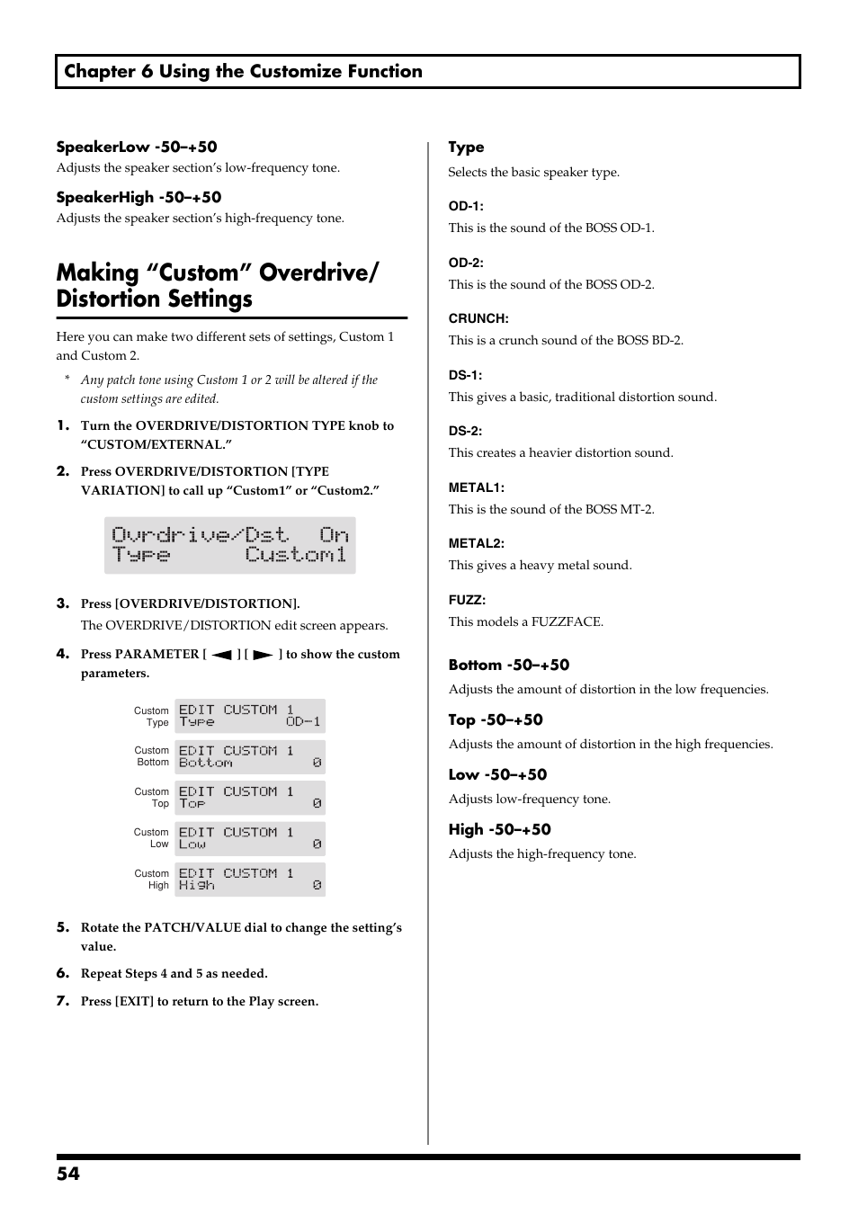 Making “custom” overdrive/ distortion settings, Making “custom” overdrive/distortion settings, 54 chapter 6 using the customize function | Boss Audio Systems GT-6 User Manual | Page 54 / 84