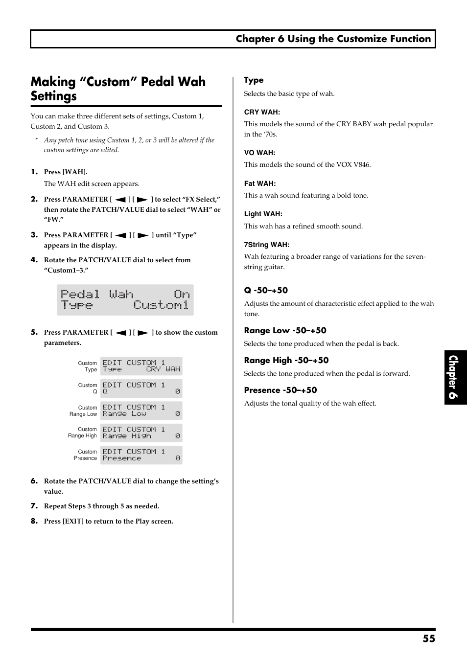 Making “custom” pedal wah settings, Chapter 6, 55 chapter 6 using the customize function | Boss Audio Systems GT-6 User Manual | Page 55 / 84
