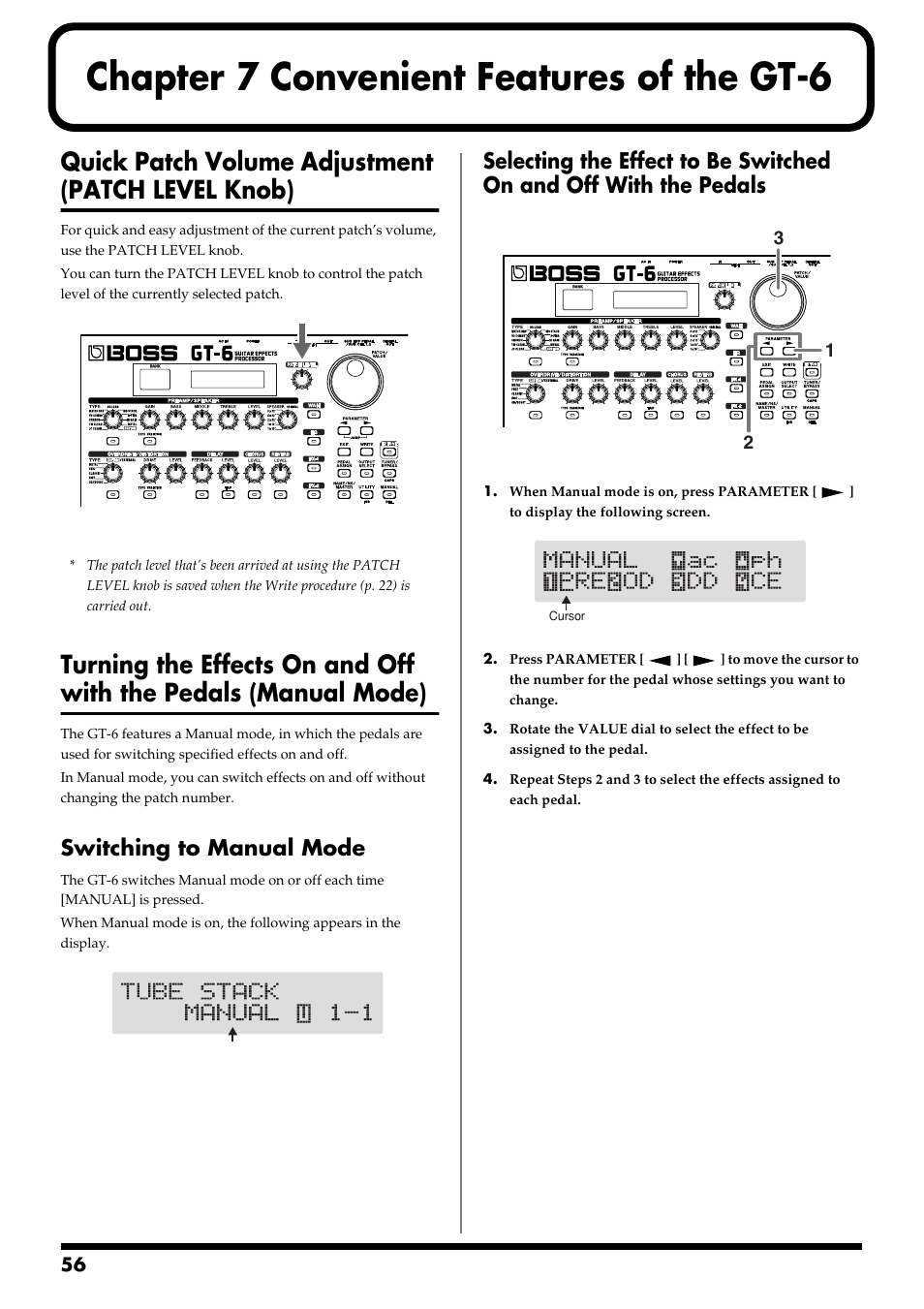 Chapter 7 convenient features of the gt-6, Quick patch volume adjustment (patch level knob), Switching to manual mode | Chapter 7, Convenient features of the gt-6 | Boss Audio Systems GT-6 User Manual | Page 56 / 84