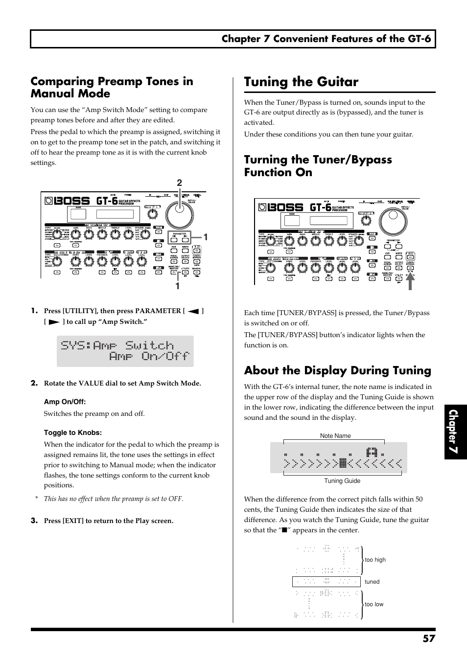 Comparing preamp tones in manual mode, Tuning the guitar, Turning the tuner/bypass function on | About the display during tuning, Chapter 7 comparing preamp tones in manual mode, 57 chapter 7 convenient features of the gt-6 | Boss Audio Systems GT-6 User Manual | Page 57 / 84